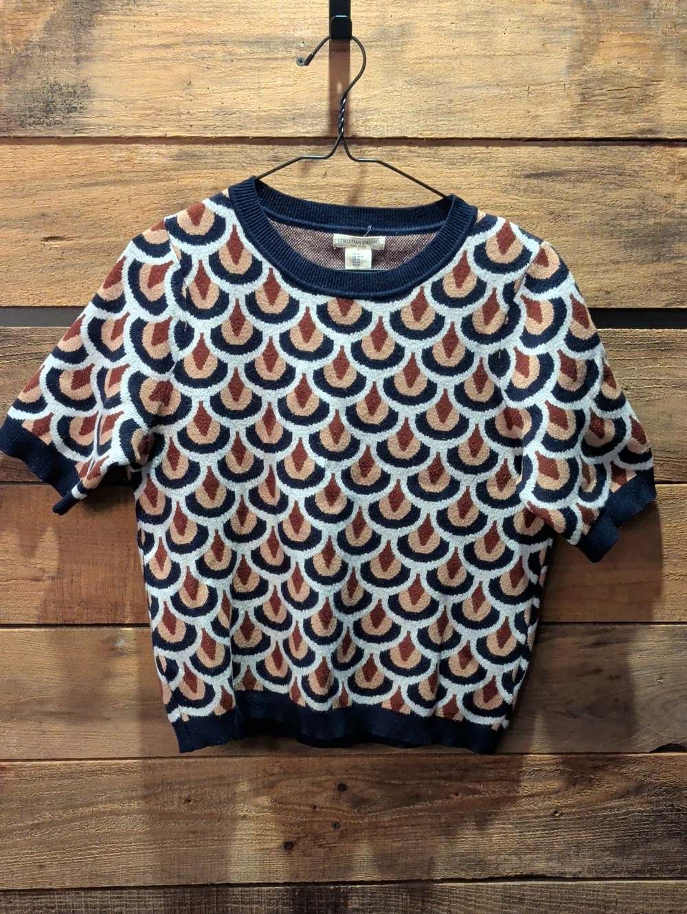 Christian Siriano Navy, Cream & Brown Retro Geo Short Sleeve Knit Top